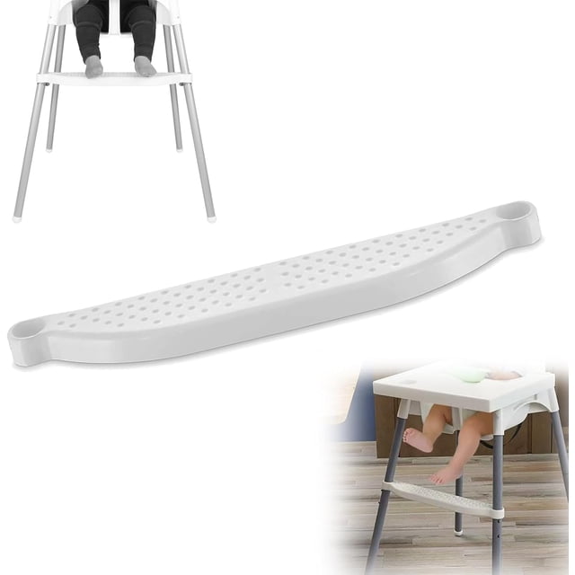 Miangastore Footrest Highchair Footrest Attachment, a white plastic footstool accessory designed for dining desks and highchairs. The footrest features a perforated surface for enhanced stability and measures 46.30 x 7.50 x 2.30 cm. It is shown attached to a highchair, providing a stable platform for a child's feet, promoting proper posture and comfort during mealtime. Suitable for growing children and compatible with various highchair models.