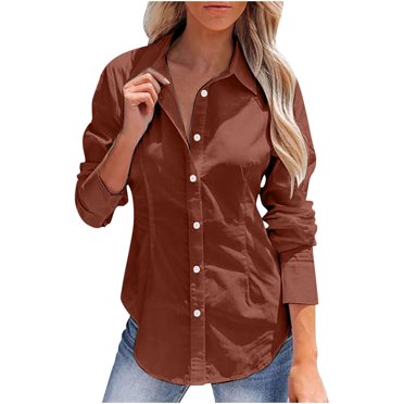 cfhntfmh Women's Button down Shirts Casual Long Sleeve Dress Shirts Comfy Collared Work Office Solid Blouses Tops