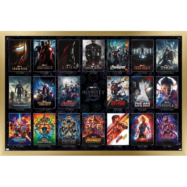Marvel Avengers : la Saga de l'Infini - Affiche Murale à Grille d'Un Seul Drap, 22,375 Po x 34 Po Encadrée avec une Grille de 22 Affiches de Films Marvel de 2008 à 2019 Incluant Iron Man, Thor, Captain America, Avengers, Gardiens de la Galaxie, Ant-Man, Black Panther, Captain Marvel et Avengers : Endgame, Chacune avec des dates de Sortie Ci-Dessous, sur un Fond Sombre avec de Subtils Symboles Marvel, Convient