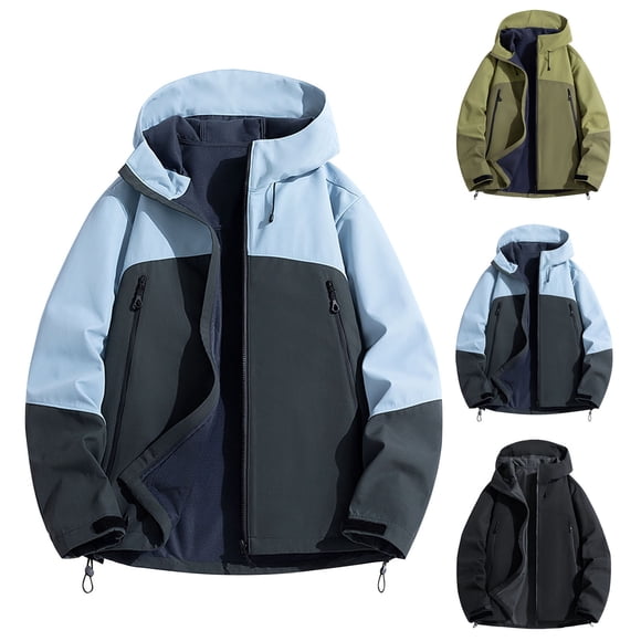 Sentmoon Men Coats Winter Color Block Long Sleeve Hooded Neck Mens Ski Jacket Oversized Zipper Windbreaker Waterproof Men Clothes Fall Trendy for Travel and Hiking Black M