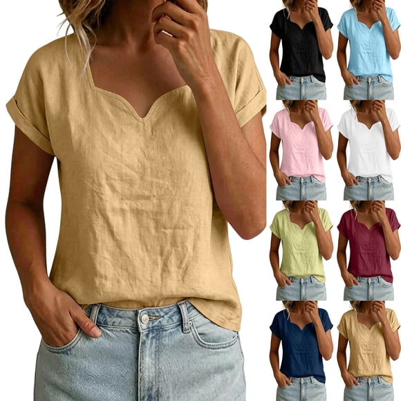 DIOAZUD Linen Shirts for Women Roll up Notched V Neck T-Shirts Solid Color Regular Fit Tops Breathable Lightweight Summer Top