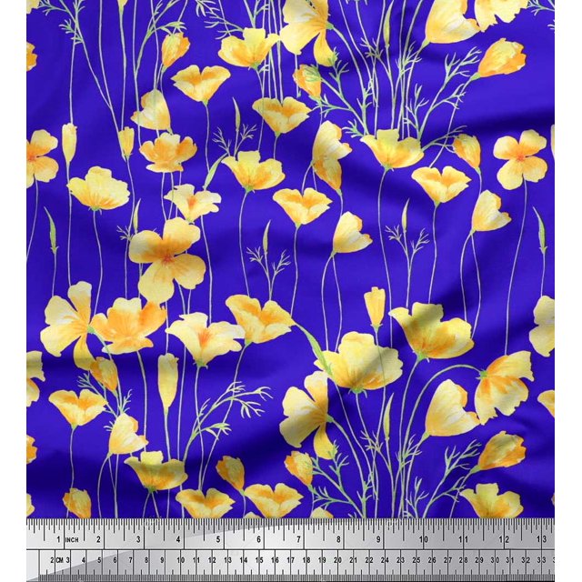 Soimoi Polyester Crepe Fabric Buttercup Floral Decor Fabric Printed Yard 52 Inch Wide