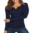 thumbnail image 1 of Women Spring T-Shirt Solid Color Ribbed Henley Neck Long Sleeve Slim-fitting Pullover for Girls Autumn, 1 of 4