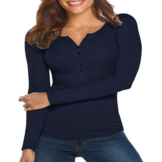 Women Spring T-Shirt Solid Color Ribbed Henley Neck Long Sleeve Slim-fitting Pullover for Girls Autumn