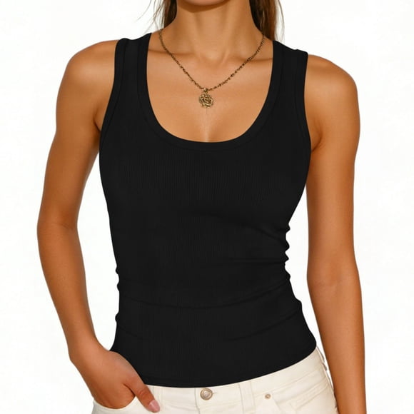 Pounoo Sleeveless Tops for Women Solid Color Crewneck Rib Knit Racerback Tank Top Fitted Stretchy Breathable Basic Tees Gift