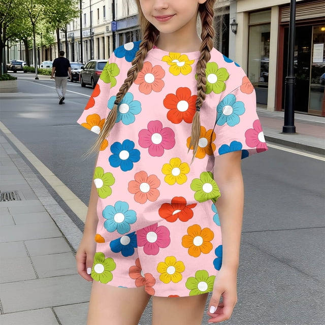 RKSTN Shorts Ensembles Courts pour Filles, T-Shirts à Col Rond à Manches Courtes à Imprimé Floral Coloré, Tenue de Plage Deux Pièces pour Filles (Rose, 14-15 Ans)