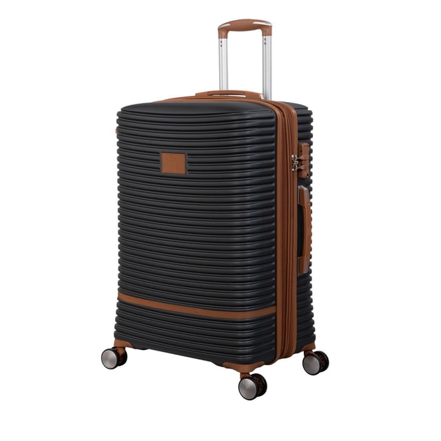 it luggage Replicating 27" Hardside Checked Luggage Spinner in black with brown trim, featuring a ribbed hard shell, expandable zipper for extra packing capacity, 8 multi-directional spinner wheels with 360-degree maneuverability, telescoping handle, and side and top carry handles for easy lifting.