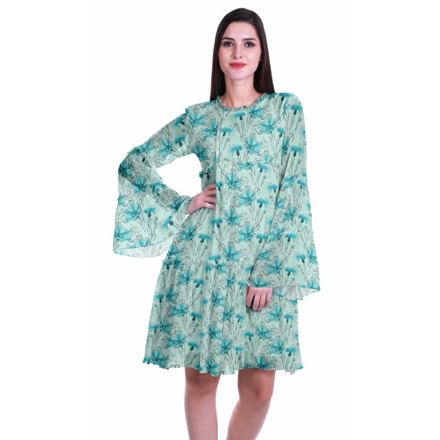 Moomaya Robe d'Été Fluide à Manches Longues Imprimée pour Femmes, Longueur Genou, Évasée