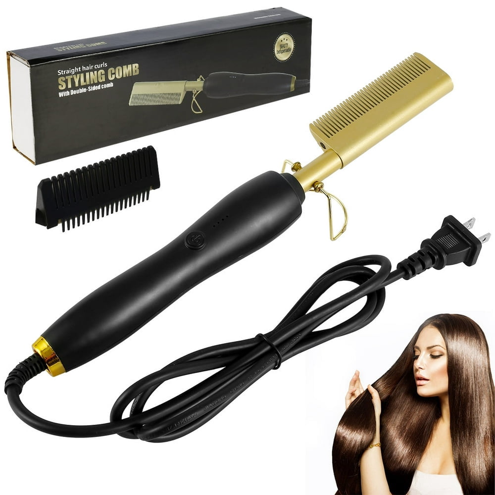 Hot Comb 2-in-1 Temp Adjustable Electric Heating Comb for Straightening Curling Hair Portable Unisex Electric Hair Straightener Comb Aluminium Alloy Electric Hot Comb