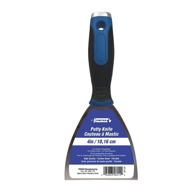 4" Carbon Steel Putty Knife with flexible blade and ergonomic black and blue handle, ideal for surface preparation, filling cracks, paint removal, and patching wood fillers, featuring Pintar Art branding on the blade label.