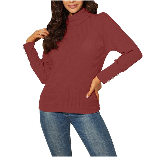 Lenpel Chandails à Col Roulé pour Femmes Légers à Manches Longues Ajustés en Tricot Côtelé Chandails à Enfiler Hauts Tenues d'Automne (Rouge, Très Grand)