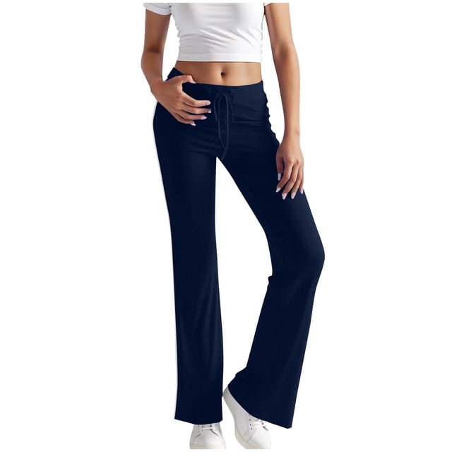 Lenpel Women's Flare Yoga Pants Drawstring Medium Rise Side Striped Bell Bottom Casual Pants Bootcut Workout Pants(Dark Blue,Large)