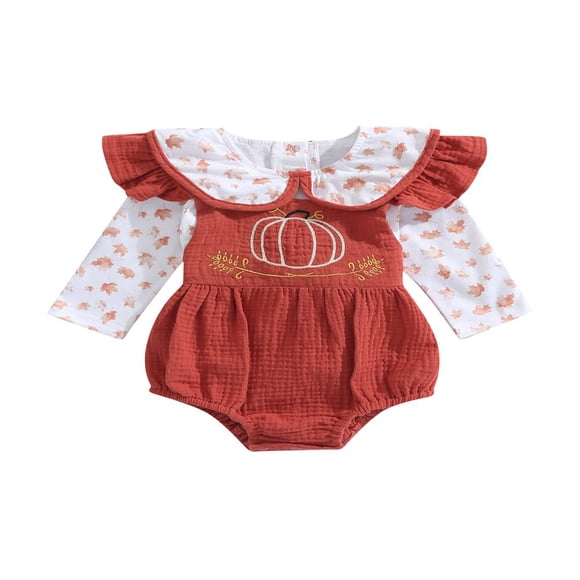 0-2 Ans Halloween Nouveau-Né Bébé Fille Ensemble de Vêtements Citrouille Col Peter Pan Hauts Barboteuse Salopette Tenue Rouge 12-18 Mois
