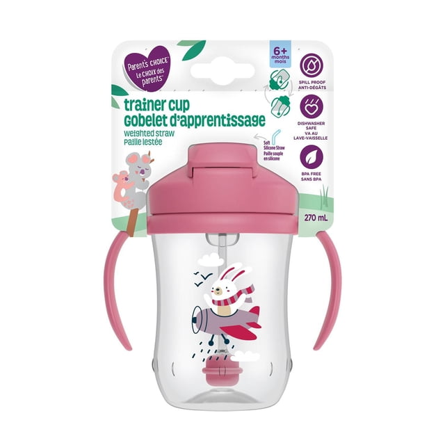 Parent’s Choice Trainer Cup with Weighted Straw, 270 mL, 6 months+, pink toddler sippy cup featuring a soft silicone weighted straw for drinking from any angle, spill-proof sliding lid, removable pink side handles for easy grip, clear body with bunny airplane graphic, dishwasher safe and BPA-free.