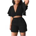 thumbnail image 1 of Mikilon Womens Oversized Stylish Outfits 2 Piece Set Ruffle Short Sleeve V-Neck Top Casual Shorts Summer Plus Size Suit Ruffle Short Sleeve V-Neck Top Casual Shorts Summer Plus Size Suits Black L, 1 of 8