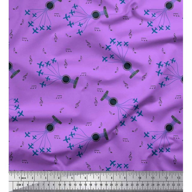 Soimoi Cotton Poplin Fabric Airplane,Guitar Wire & Notes Musical Instrument Decor Fabric Printed Yard 56 Inch Wide