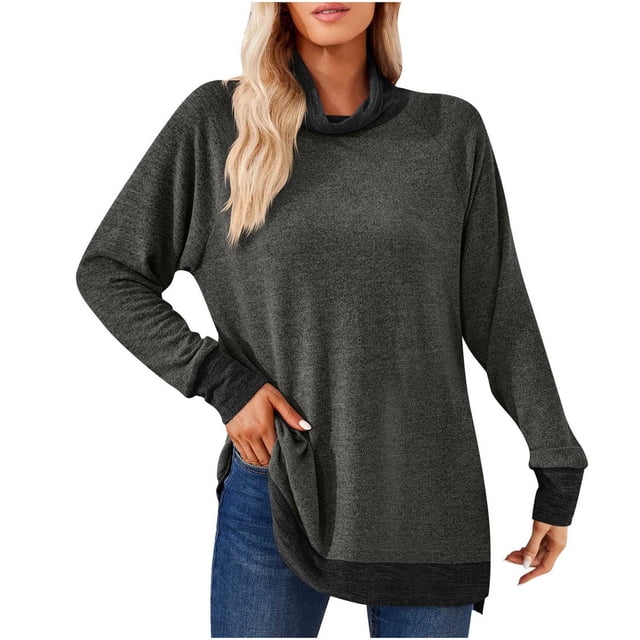 Timegard Tops for Women High Neck Long Sleeve Side Split Color Block Tshirts Fall Casual Loose Tops