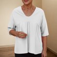 thumbnail image 2 of Savings Clearance! Womens Plus Size Tops,Summer Short Sleeve Blouse Tops for Womens,Women's Solid Color Blouses Raglan Mid Sleeve V-Neck Patchwork Pleated Top, 2 of 5