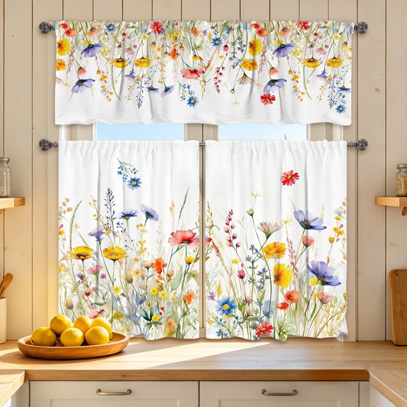 Waterproof Light Filtering Kitchen Short Curtain, Washable 2D Print Half Window Curtain for Home Decor