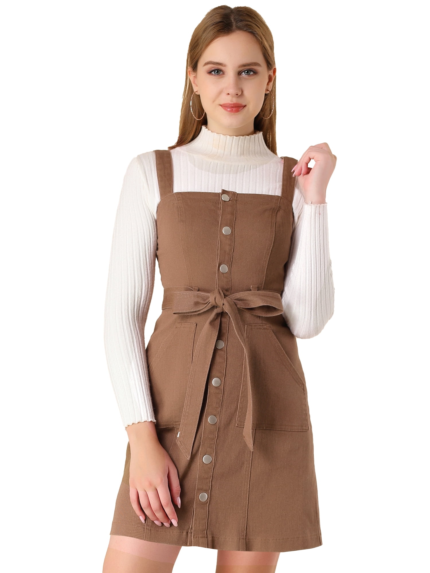 INSPIRE CHIC Women's Classic Adjustable Strap A-Line Overall Denim Dress