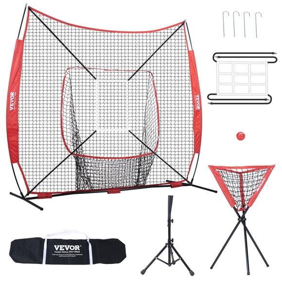 VEVOR 7x7 ft Baseball Softball Practice Net, Portable Baseball Training Net, with Bow Frame, Carry Bag, Strike Zone, Ball, Tee, Ball Collector