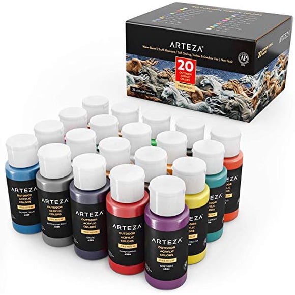 Arteza Peinture Acrylique d'Extérieur, Ensemble de 20 Couleurs/bouteilles 2 Oz/59 ml. Pigments Riches Peintures Multi-Surfaces, Fournitures d'Art pour Roche, Bois, Tissu, Cuir, Papier, Artisanat, Toile et Mur