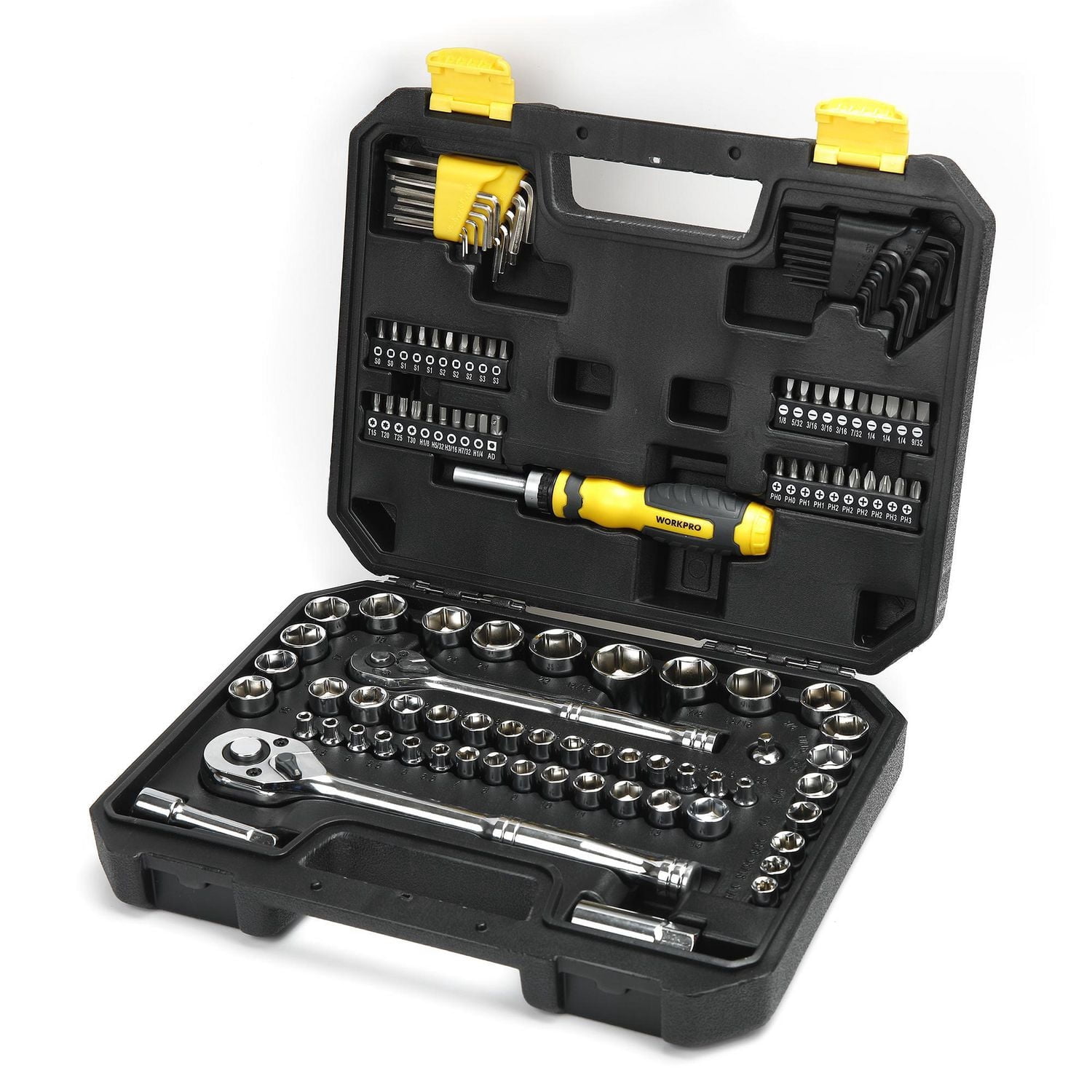 WorkPro Socket & Ratchet Set - 122 Piece,Ratchet Bit Driver,1/4" and 3/8" Dr. Sockets
