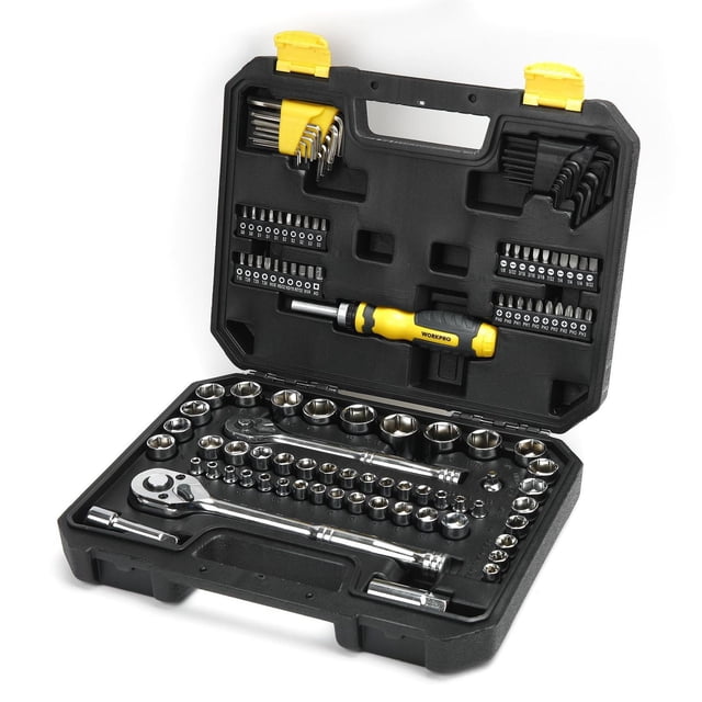 WorkPro Socket & Ratchet Set - 122 Piece open black case showing organized chrome 6-point sockets in SAE and metric sizes, two ratchet handles, extension bars, a yellow and black screwdriver handle with assorted bits, and hex key wrenches arranged for professional mechanics and hand tool use.
