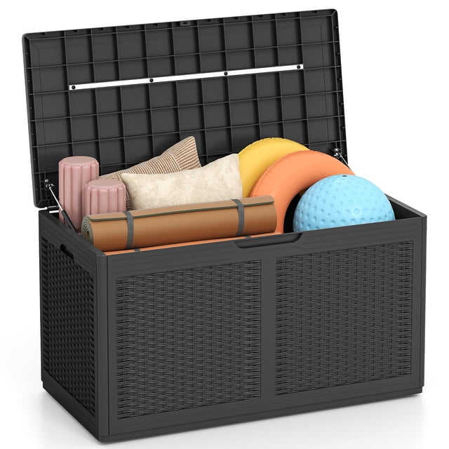 Patiojoy 102 Gallon Resin Outdoor Storage Box Waterproof Deck Box w/ Lockable Lid & Wheels Grey