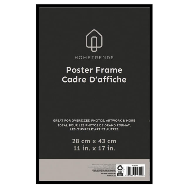 Hometrends Cadre d'Affiche de Base 11x17 Po en Noir, Vue Orientée vers l'Avant Montrant un Cadre en Plastique Léger avec une avant en Acrylique et une Carte d'Insertion Noire Présentant un Texte Bilingue Décrivant la Taille 28 cm x 43 cm (11 Po x 17 Po), Idéal pour des photos, Oeuvres d'Art et Affiches Surdimensionnées, Convient à la Déco Maison et à l'Affichage de photos.