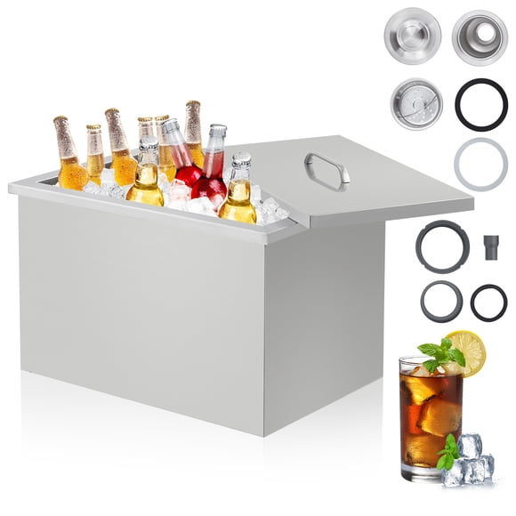 Stainless Steel Drop-In Ice Chest Cooler for Outdoor Kitchen & Bar - 25QT Large Capacity, Lid, Drain Pipe & Plug, 24H Cold Retention, Silver, Portable Cover, 20x13x12 inch