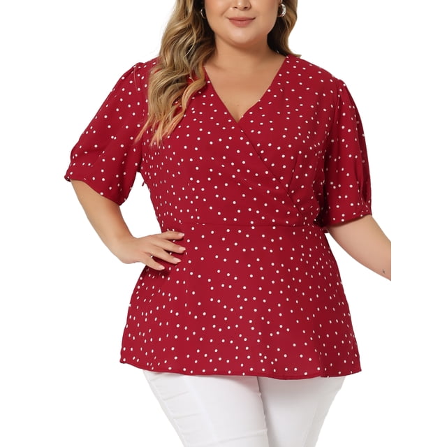 Agnes Orinda Haut Portefeuille Péplum à Pois à Col en V à Manches Courtes pour Femme Grande Taille pour l'École et le Cégep 1X Rouge