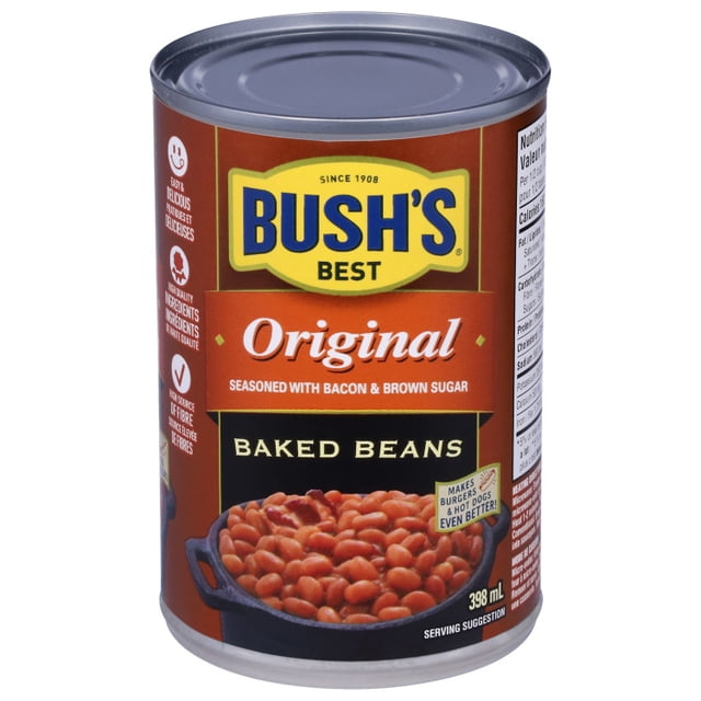 BUSH'S® Originales Fèves au Lard Assaisonnées de Bacon et de Cassonade dans une Conserve en Acier recyclable de 398 ml, Présentant des Fèves Bleu Marine Tendres Cuites Lentement avec du Vrai Bacon, de la Cassonade et des Épices signature, Montrées avec l'Étiquette avant et une image de suggestion de Portion.