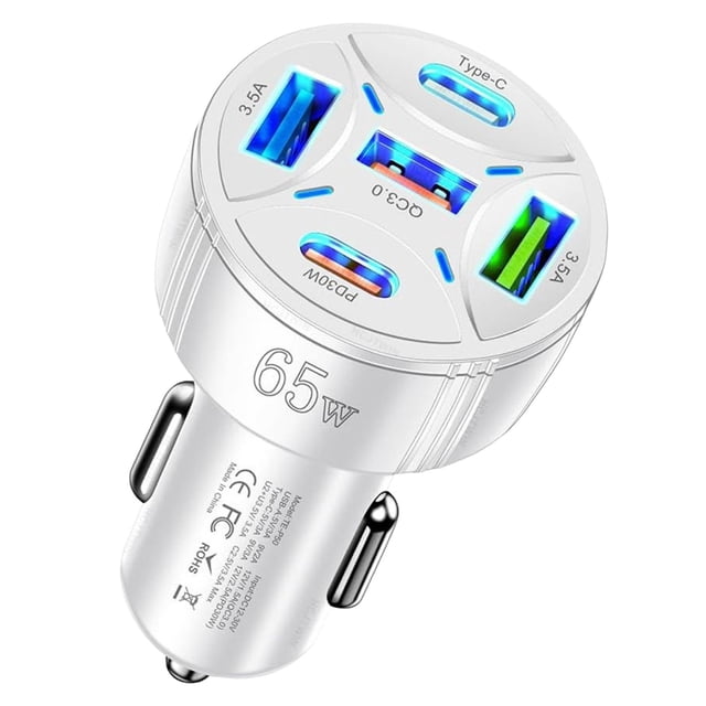 65W Car Charger Quint Port Fast Charging Hub High Power 1 To 5 USB Ports Rapid Car Adapter For Smartphones & Devices