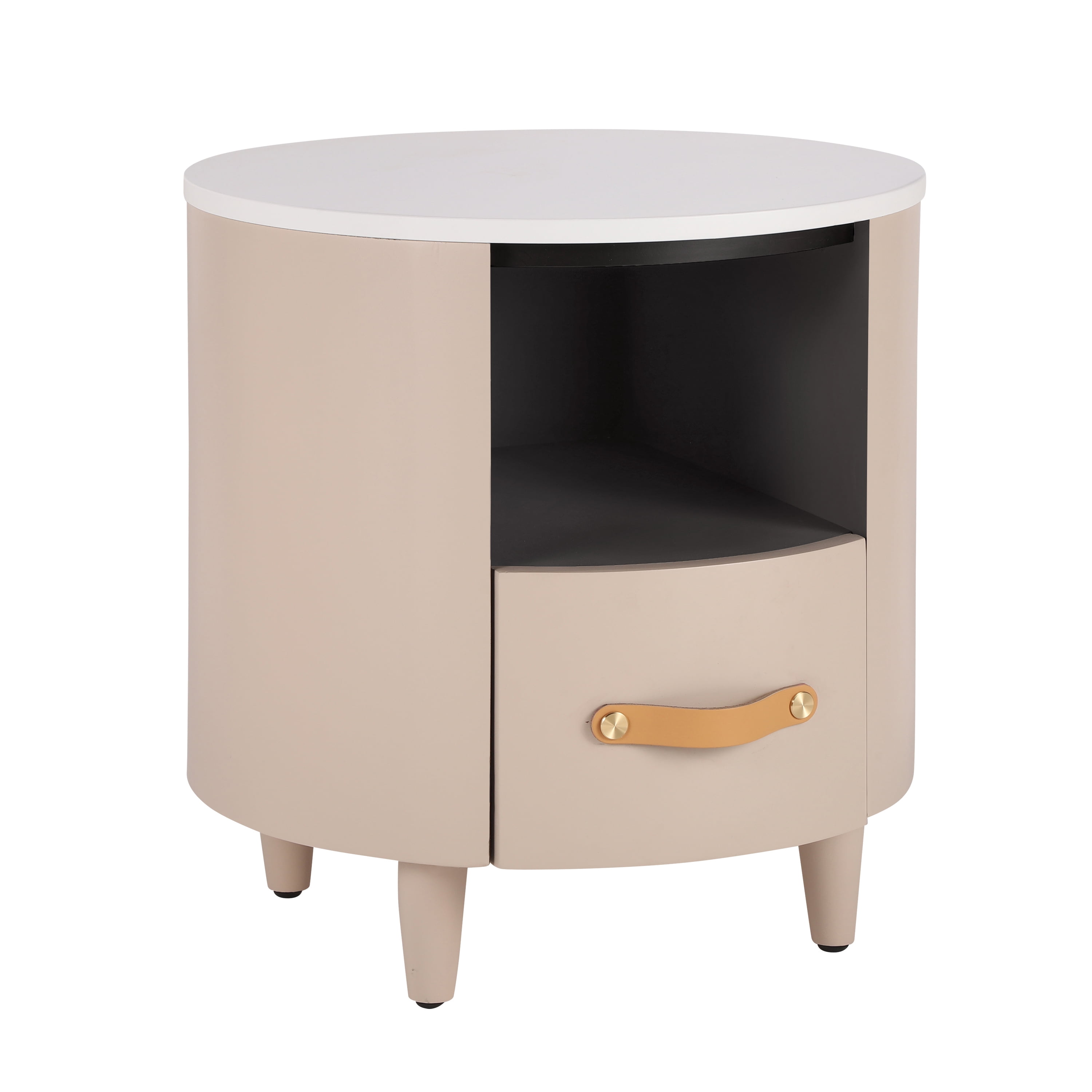 Noble House Modern Round Nightstand with Drawer and Open Shelf, Curved Bedside Table,Khaki