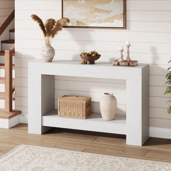 Farmhouse Console Table – 2-Tier Entryway Table with Open Storage, Long Sofa Table for Behind Couch, Narrow Wooden Accent Table for Living Room, Hallway, or Foyer