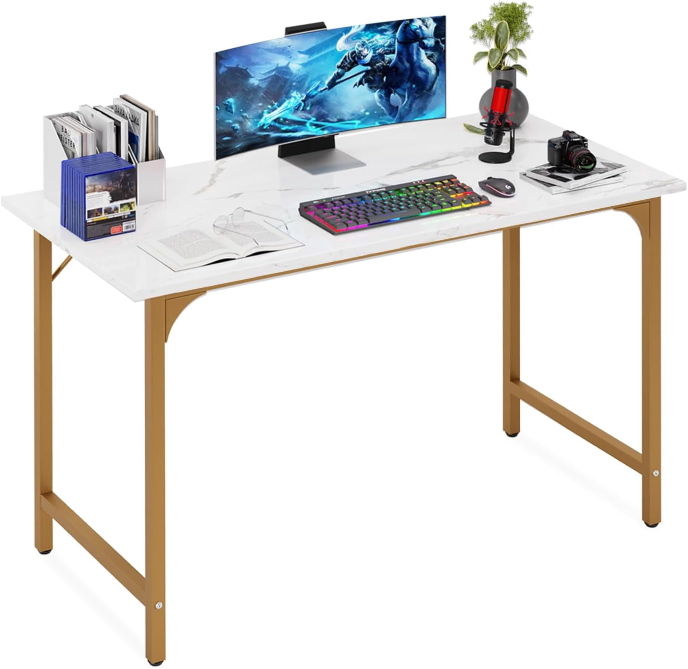 BestOffice Computer Desk, Home Writing Study Table Modern Simple Style PC, Metal Frame for Home Office, Gold
