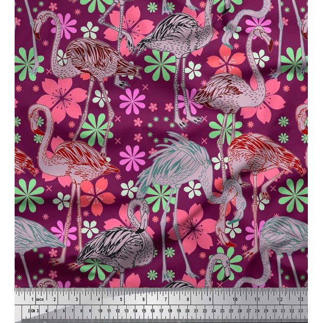 Soimoi Polyester Crepe Fabric Floral & Flamingo Bird Print Fabric by The Yard 52 Inch Wide