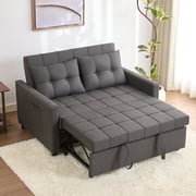 BIGSYY 52" Linen 3-in-1 Convertible Sleeper Sofa with Pull-Out Bed, Stepless Adjustable Backrest & Side Pocket - Dark Grey