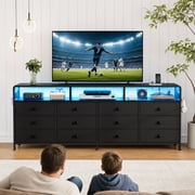 GUNAITO TV Stand for TVs up to 75", Big TV Stand with 12 Fabric Drawers and LED Lights, Entertainment Centre with Storage and Shelves for Living Room, Black