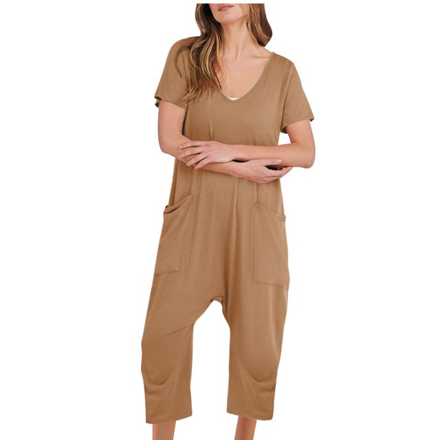 Birdeem Combinaisons pour Femmes Mode Femmes Combinaison Décontractée à Manches Courtes Combinaison Unie Combinaisons Pantalon à Jambe Grand avec Poche