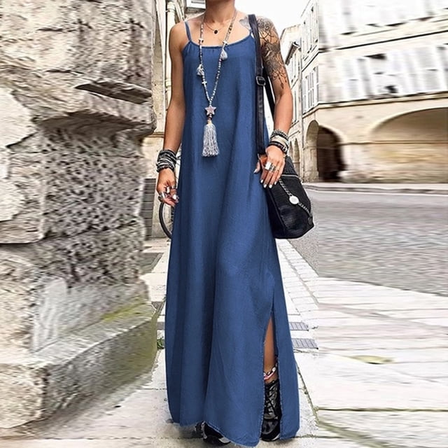 CEHVOM Robe Tube en Denim Ample à Bretelles pour Femme, Jupe Longue Fendue