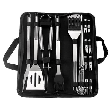 Ensemble d'Ustensiles de Gril, Ensemble d'Accessoires de BBQ en Acier Inoxydable 15/20 Pcs, Ensemble d'Outils de Gril Professionnel Portable, Spatule, Fourchette, Pinces, Brosse d'Arrosage, Brosse de Nettoyage, Brochettes de Gril, Fourchettes à Maïs, pour l'Extérieur avec Sac