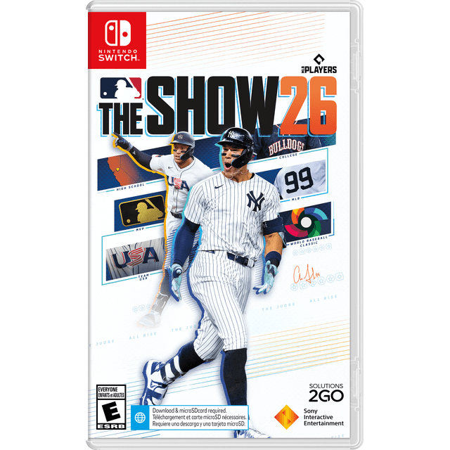 MLB The Show 26 Nintendo Switch game cover featuring a baseball player in a New York Yankees pinstripe uniform running, with inset images of a USA baseball player, Bulldogs college jersey, MVP gold emblem, Team USA flag, and World Baseball Classic logo, highlighting immersive MLB gameplay and franchise modes.