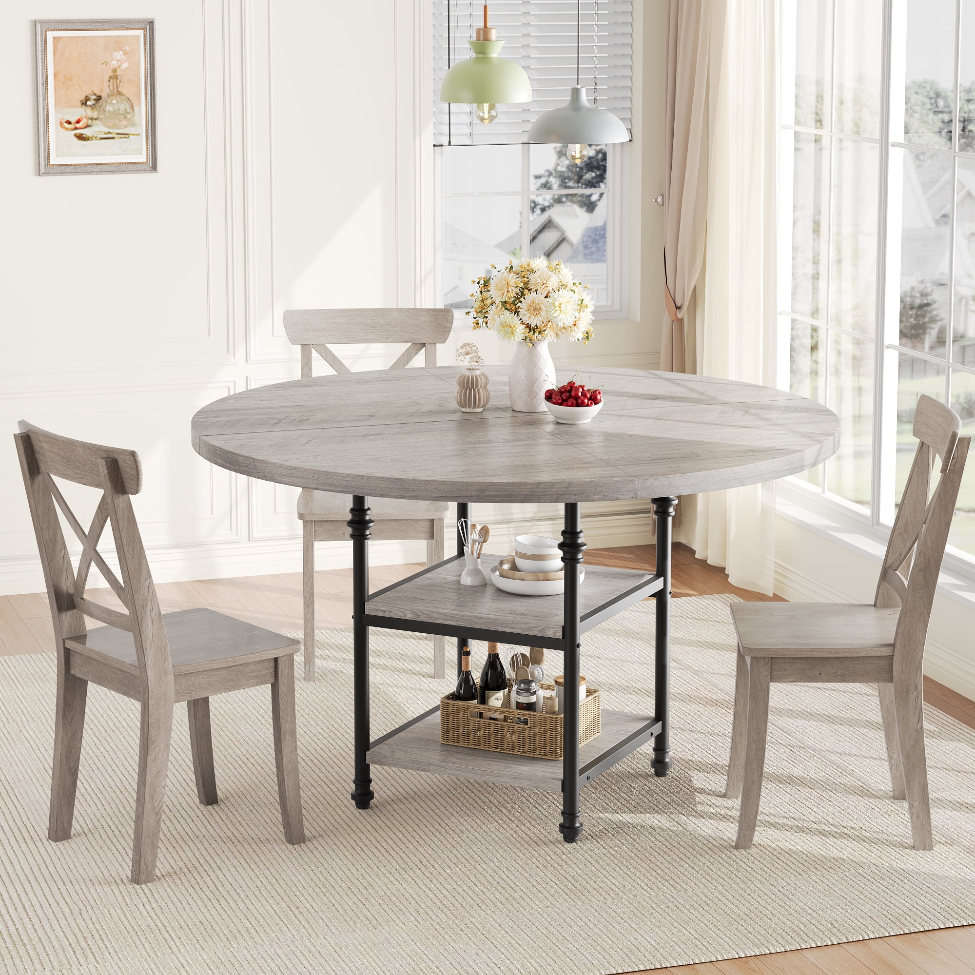 Round Dining Table for 4, Farmhouse Kitchen Table with Storage Shelves, Circle Dinner Table, Wood Dining Room Tables with Metal Legs for Kitchen, Living Room, Dining Room