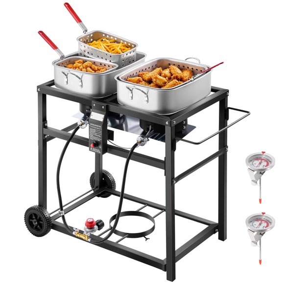 KFFKFF Outdoor Propane Deep Fryer, Dual-Tank 18QTx2 Commercial Fryer, Multi-Purpose Portable Frying Cart with Wheel, 3 Basket, 2 Thermometer