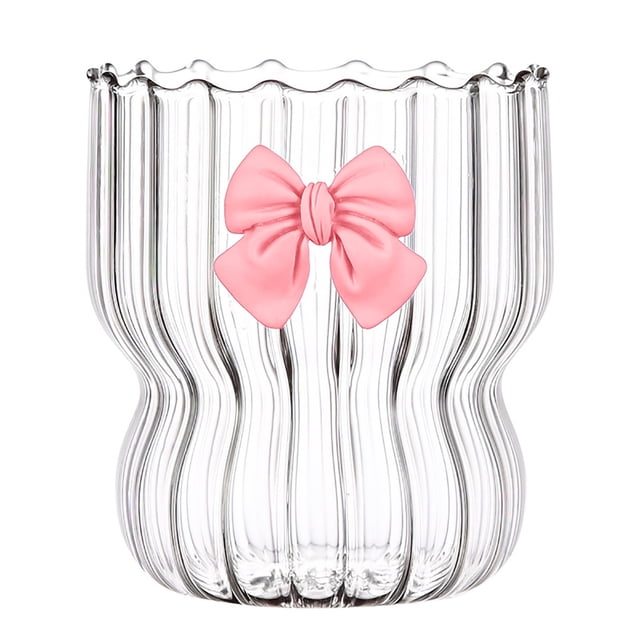 Ripple Glass Cup 12 Ounce Iced Coffee Beverage Container For Decorative Juice Water And Dessert Drinks With Bow Design