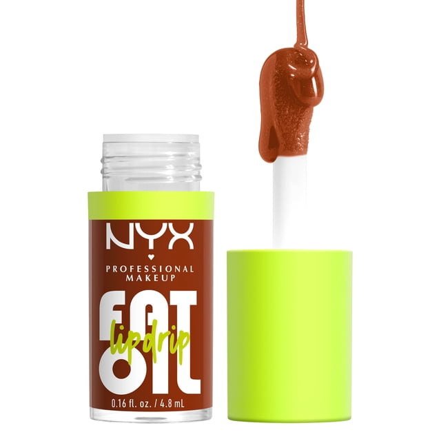 NYX PROFESSIONAL MAKEUP Fat Oil lip oil in a clear tube with a lime green cap, showing brownish-red lip oil dripping from the applicator wand, providing 12-hour hydration, fat shine, and a non-sticky finish for lip care.