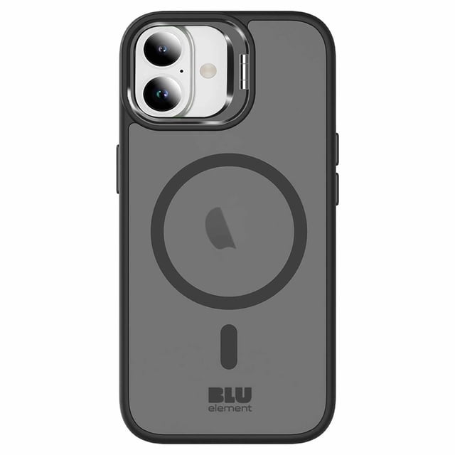 Blu Element Chromatic Kick MagSafe Case Black for iPhone 17 shown from the back with a semi-transparent black acrylic back, MagSafe alignment ring, and soft-touch shock-absorbing edges. It features precise cutouts for dual cameras, hyper-responsive buttons, and a fold-out kickstand for landscape viewing. The case offers impact resistance with drop protection up to 10 feet and a slim, sleek design compatible with MagSafe charging.