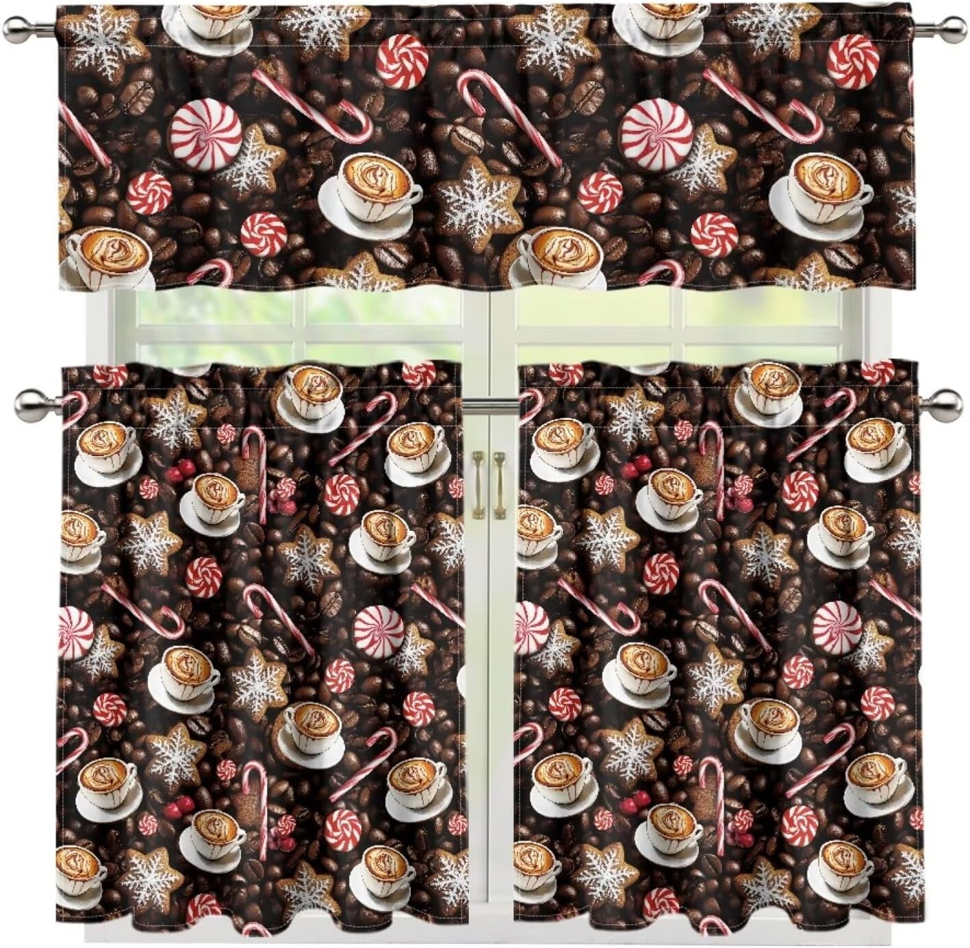 Coffee and Cane Candy Kitchen Curtain Valance and Tiers Set of 3 Coffee Theme Farmhouse 24 Inch Length Tier Curtains Kitchen Decor Blackout Drape Window Curtain,Size M
